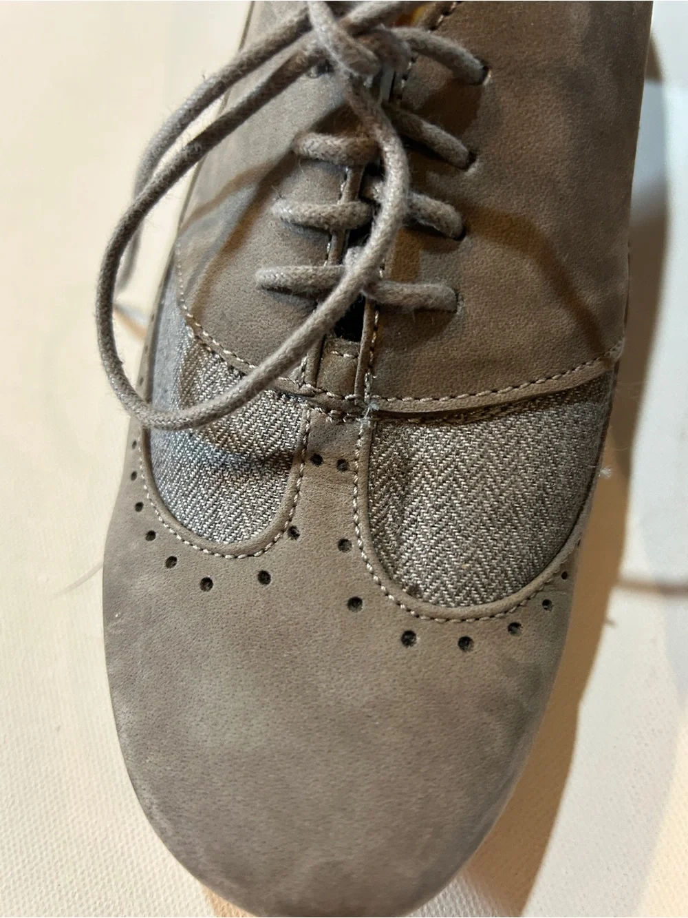 NAOT Gray Nubuck Leather Oxford Heels Tweed Lace-Up Comfort Shoes Women’s EU 41